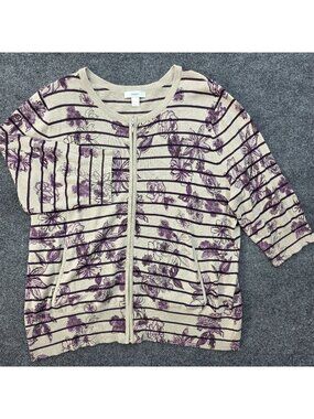 CJ Banks Floral Stripe Full Zip Cardigan 2X Cotton Purple Cottagecore Romantic